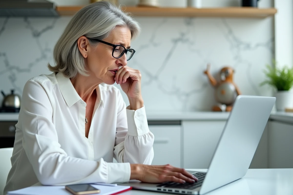 Femme vérifiant ses trimestres de retraite sur le portail en ligne scolinfo depuis son domicile avec un ordinateur portable