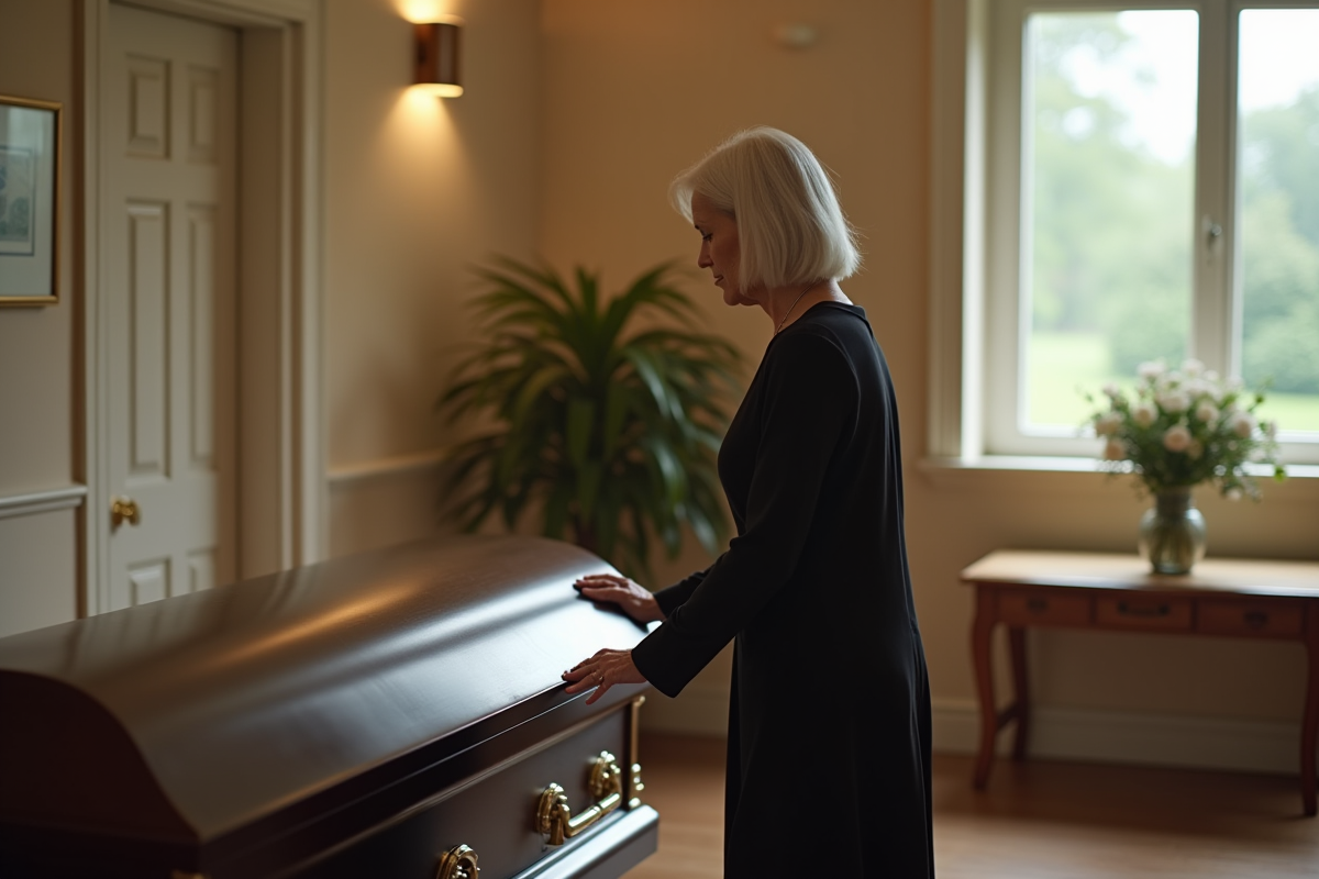 Femme en noir près d'un cercueil lors d'obsèques