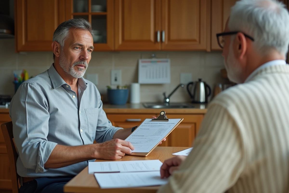 Travailleur social en visite à domicile remplissant un questionnaire d'évaluation AGGIR avec un senior